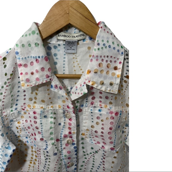 BAMBOO TRADERS WHITE COLORFUL POLKA DOT FLAX BLEND LS BUTTON DOWN BLOUSE - Picture 3 of 14